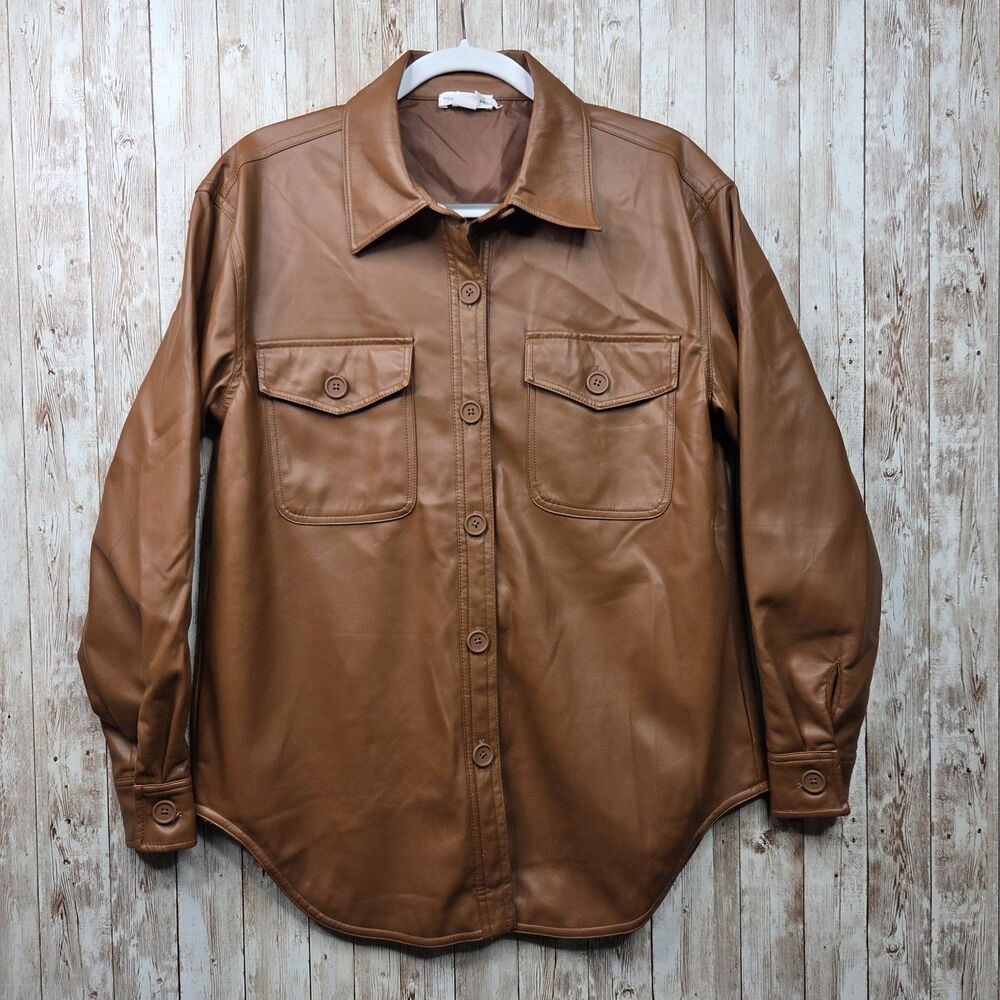 Good American Shacket Womens 00/0 Burnt Caramel Better Than Leather Faux Button